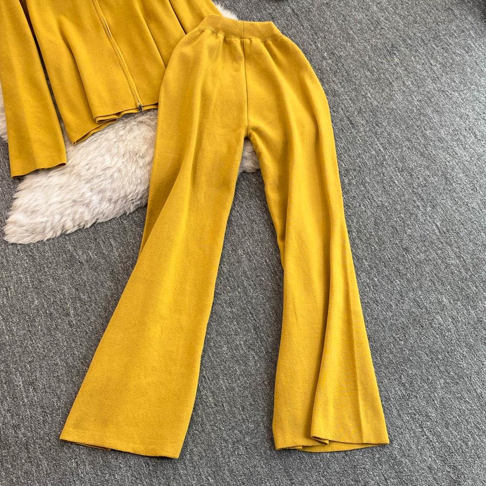 Осенне-зимний трикотажный свитер, брюки, комплект из двух предметов, женская водолазка на молнии, куртка и брюки длиной до щиколотки