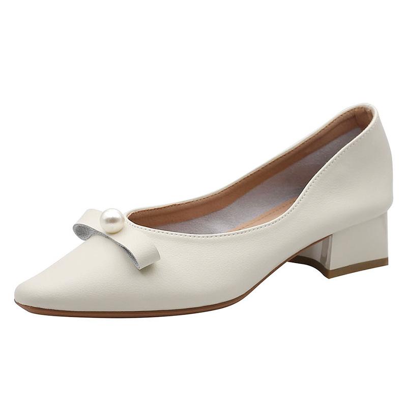 Thick Heel Professional Shoes Women New Korean Style Bowknot Pearl Shoes Women