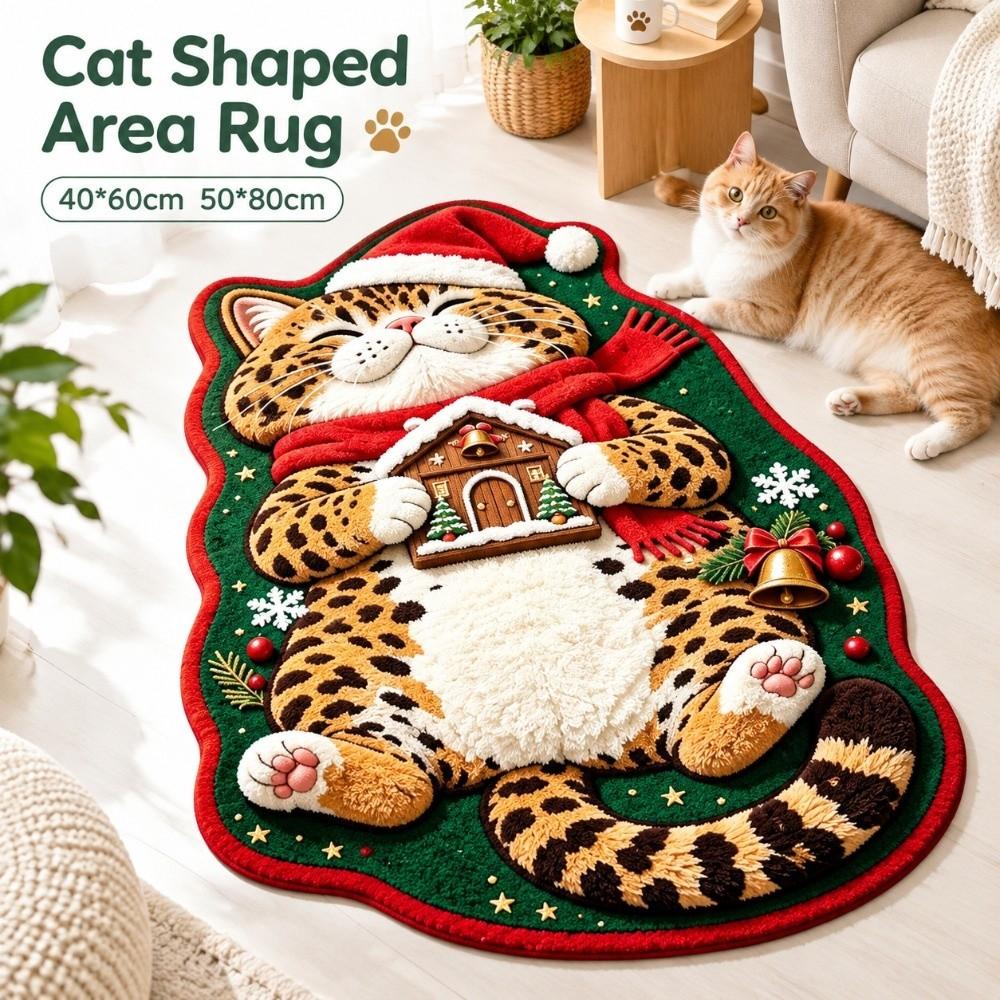 Christmas Theme Pattern Cat Shaped Area Rug Plush Faux Cashmere Rug Entryway Decor