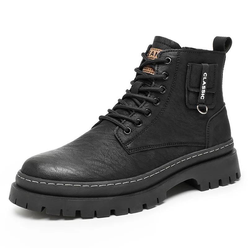 2024 Мужские Повседневные Кожаные Ботинки Классические Кожаные Ботильоны с Круглым Носком Удобные Уличные Хип-Хоп Инструментальные Ботинки Мотоциклетные Ботинки