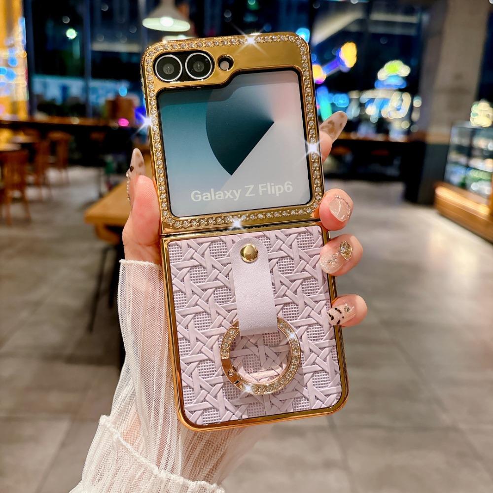Electroplated Weaving Leather Ring Phone Case for Samsung Galaxy Z Flip 6 5 for Galaxy Flip6 Flip5 5G Protection Cover