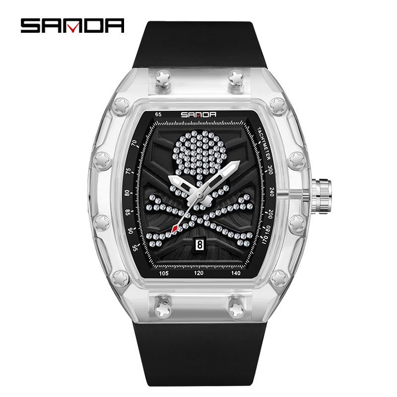 Кварцевые часы SANDA 7051 бочкообразной формы: Модный, Повседневный Унисекс Дизайн с Вставкой на Ремешке и Функцией Календаря.