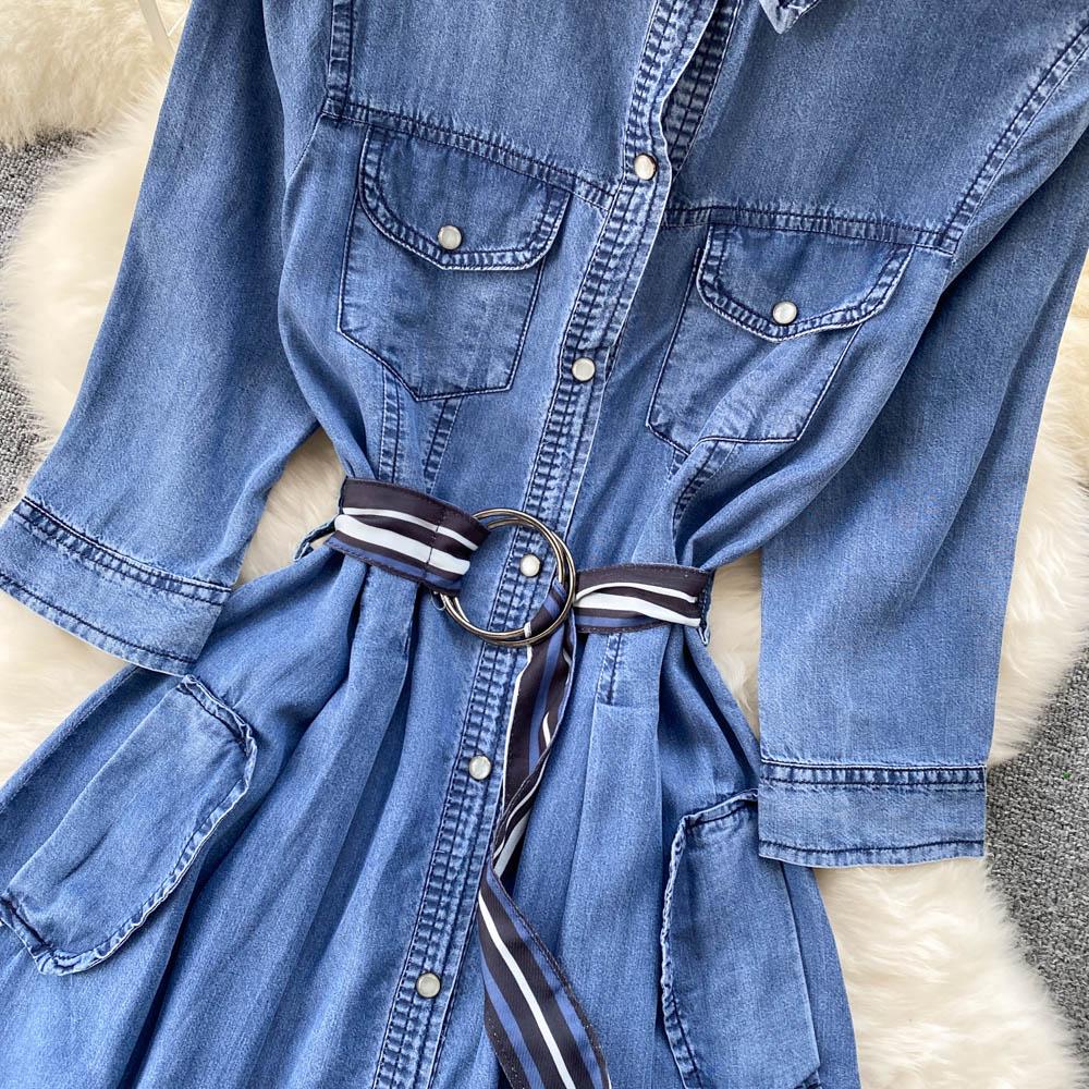 RUGOD Джинсовое платье, весеннее новое женское модное платье в западном стиле с длинными рукавами и высокой талией, нестандартное платье длиной до колена с большим качелем