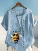 Women's Fashion Cool Bee Print Round Neck Short Sleeve T-shirt Summer Casual Cotton Linen Graphic Shirt Leisure Loose Blouse Tops