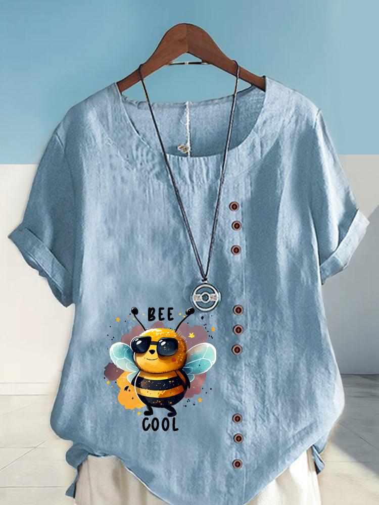 Women's Fashion Cool Bee Print Round Neck Short Sleeve T-shirt Summer Casual Cotton Linen Graphic Shirt Leisure Loose Blouse Tops