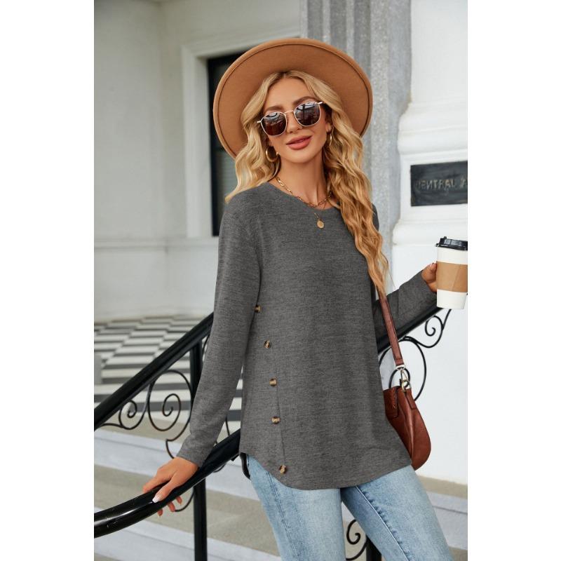 YYFS Women's Fashion Casual Spring Fall Solid Color Print Long Sleeve O-Neck Blouses & Shirts