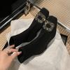 Square Head French Compound Black Short Boots Thick Medium Heel Rhinestone Elastic Thin Boots Long Boots Women's Autumn and Winter