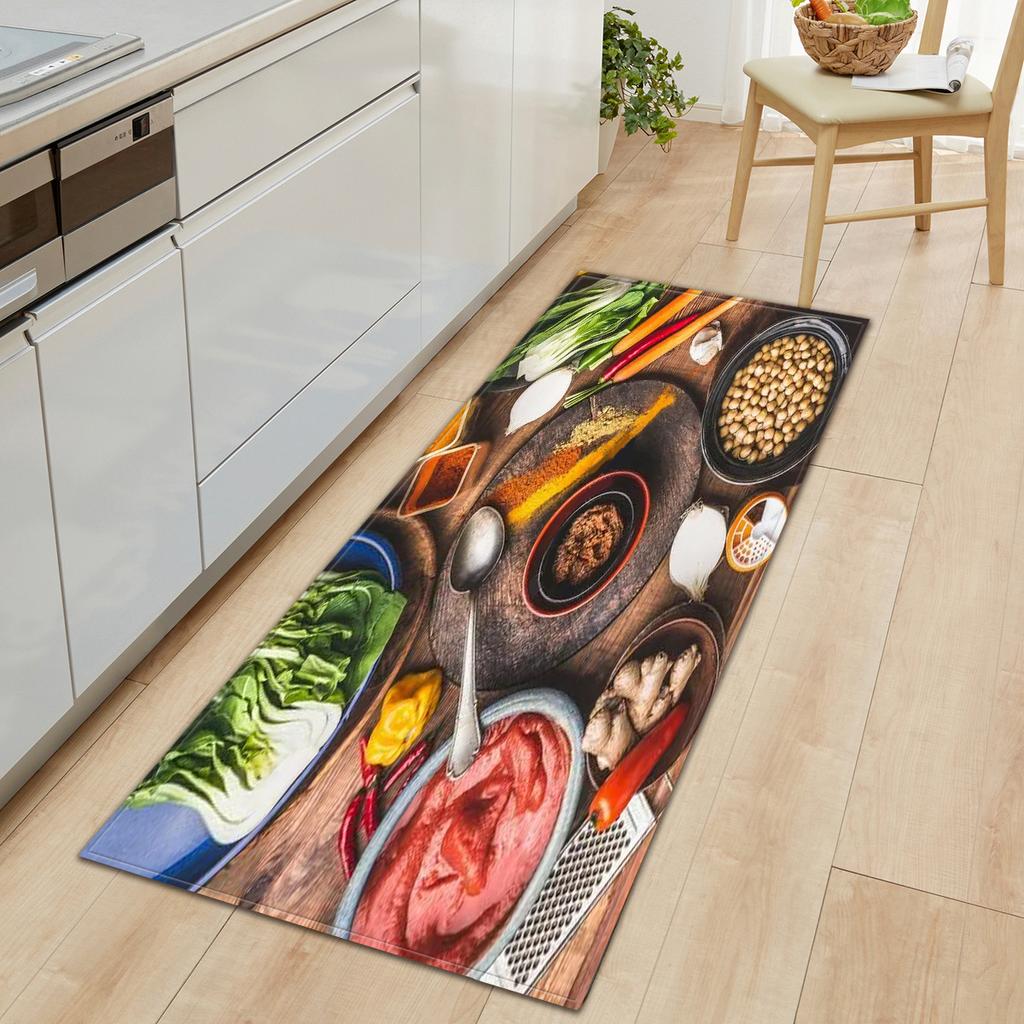 Кухонный коврик со свежими фруктами и овощами. Мягкий утолщенный кухонный коврик. Водонепроницаемый нескользящий маслостойкий напольный коврик.