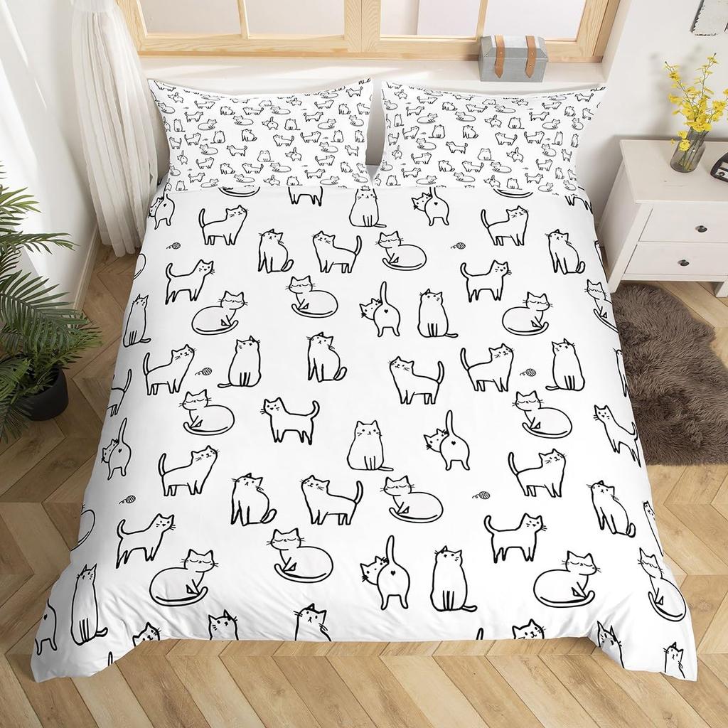 Cartoon Cat Pattern Duvet Cover Queen King Size Soft Bedding Set For Girls Toddlers Teens 3 Piece Set With 2 Pillowcases