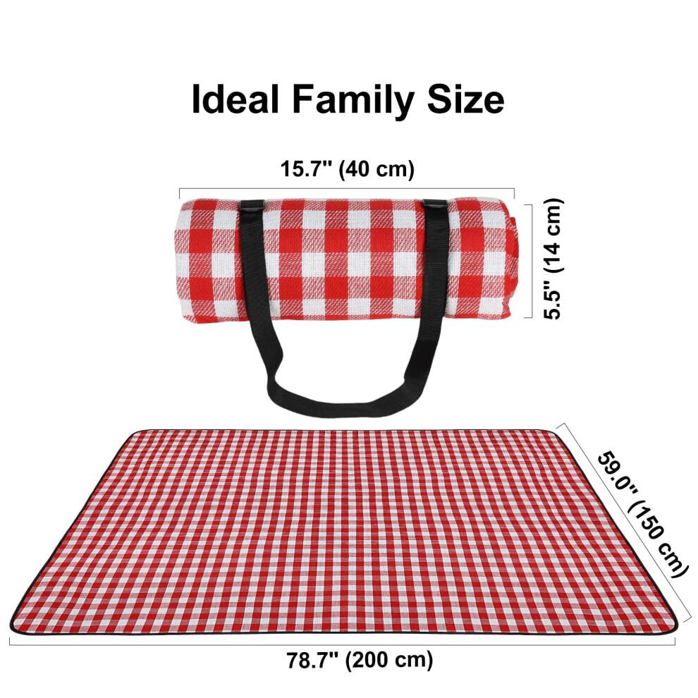 Ben & Bel Water/Sand/Dirt-resistant Picnic Blanket with Shoulder Strap, Outdoor-Ready Red & White Square, 150x200cm XL