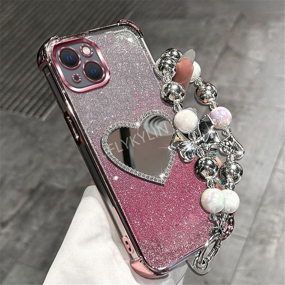 Bead Bracelet Shockproof Phone Case For Samsung A36 A16 A06 A15 A25 A35 A55 A14 A24 A34 A54 A05 Glitter Heart Mirror Soft Cover