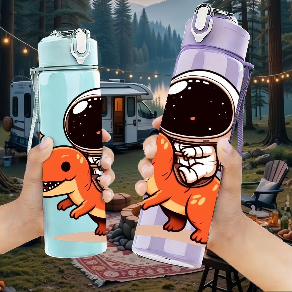 1PC Astronaut T Rex Dinosaur Figure 750ml Color Plastic Sports Water Bottle Leakproof Flip Straw Lid Suitable for Sports Office Home Use
