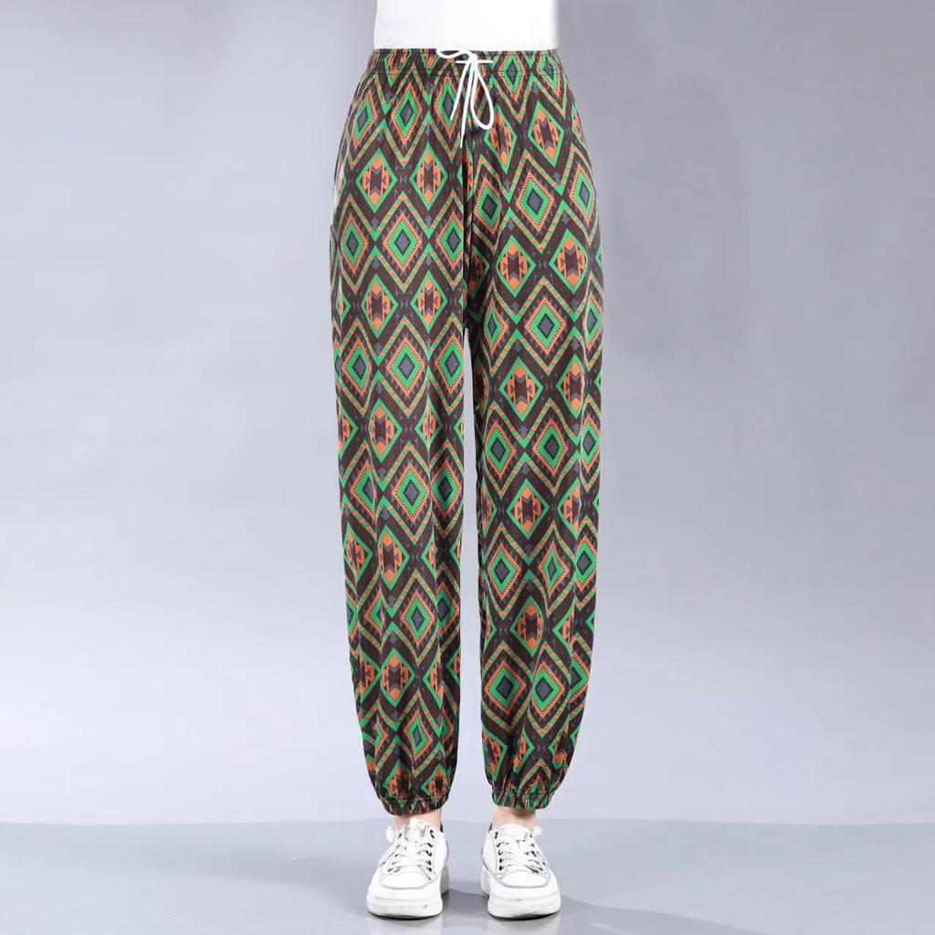 WTEMPO Elastic High Waist Thin Mother's Loose Cropped Skirt Pants Women Spring Summer Floral Printed Ice Silk Wide Leg Pants