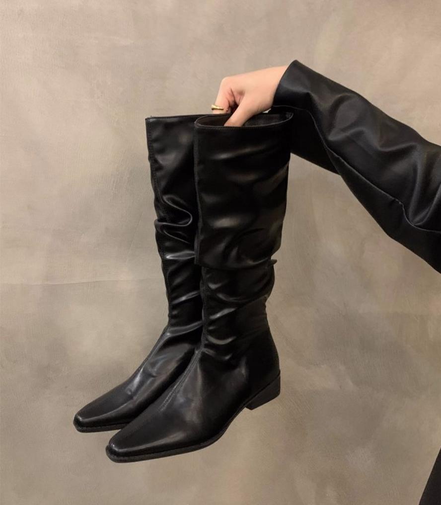 Модные женские сапоги до колена, осенне-зимняя женская обувь, модные женские сапоги без застежек, на низком каблуке, с круглым носком, на плоской подошве, длинные сапоги Botas De Mujer