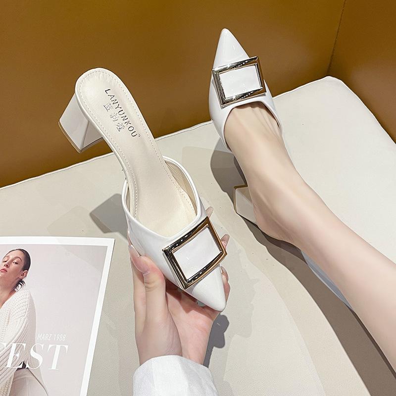 Women's Shoes 2025 Spring New Square Head Square Buckle Light Mouth Thick Heel High Heel Slippers Patent Leather Bag Head Half Slippers Outer Wear Wo