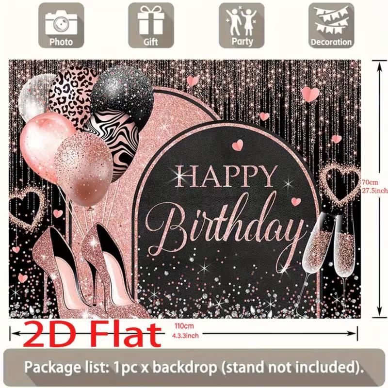 2D Sparkly Rose Gold Birthday Backdrop with Champagne Glasses and Hearts
