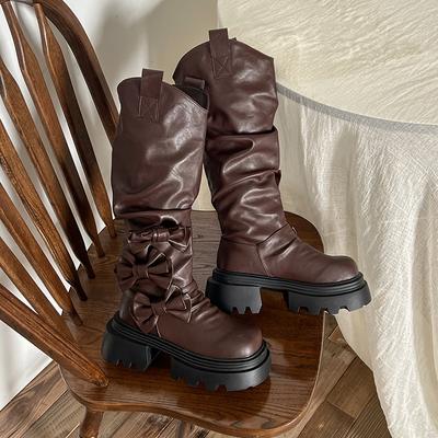 Дизайнерские 2025 Новые Женские Высокие Сапоги Бант Плиссированные Туфли на Каблуке Платформа Массивные Челси Элегантные Зимние Сапоги до Колена Botas Mujer