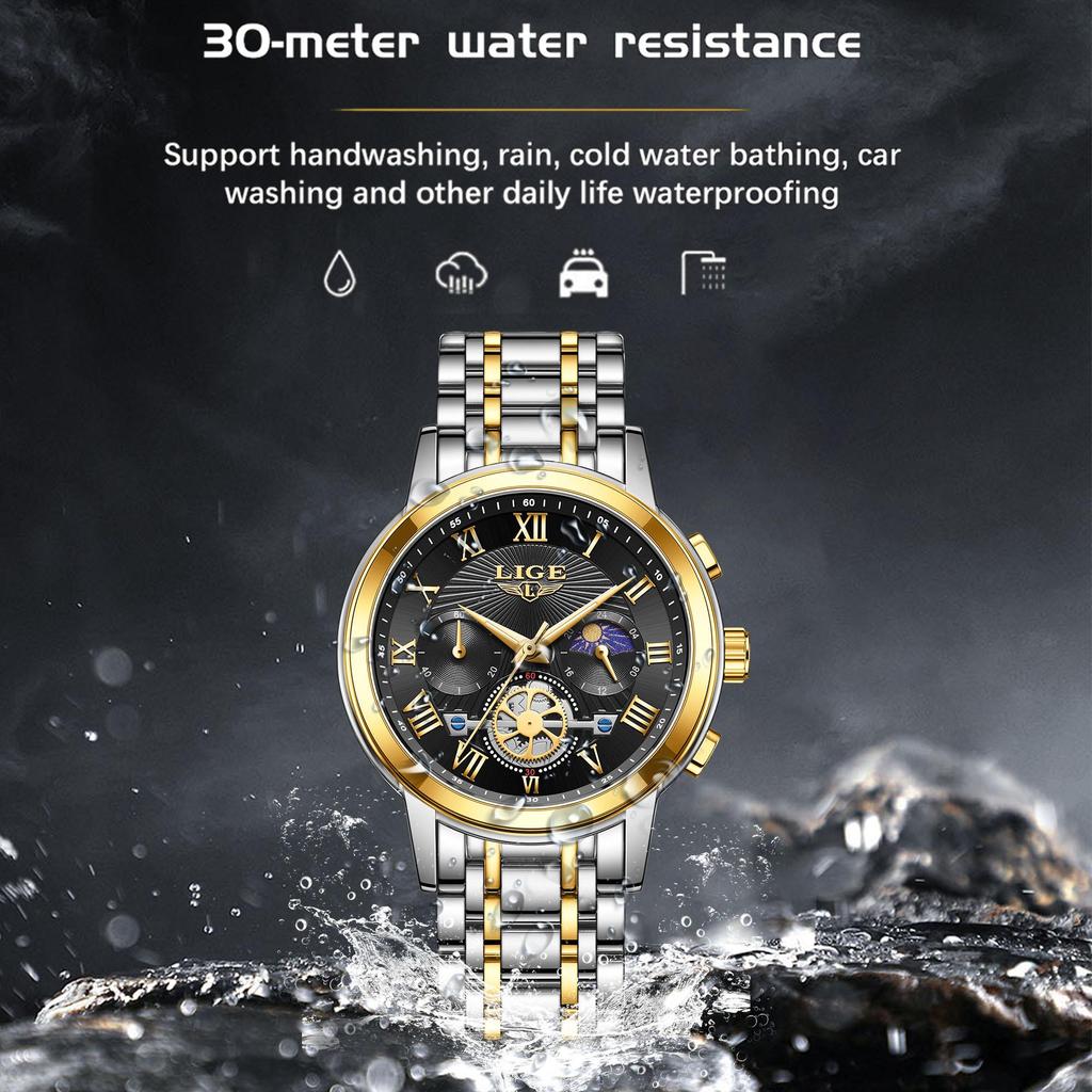 LIGE Лучший бренд, оригинальные мужские кварцевые часы, модные водонепроницаемые мужские часы для отдыха, все стальные ночные светящиеся часы