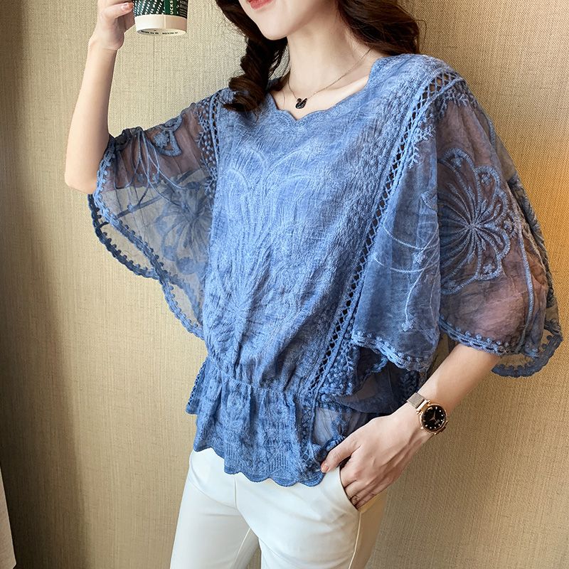 Spring Summer Women Blouses Bat Sleeves Flower Lace Chiffon Blouse Hollow Out Blouses Plus Size Shirts Women Shirt Tops