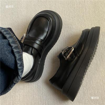 Shenlin Black Big Head Толстая подошва показывает длинные ноги Маленькие кожаные туфли Женские британские студенческие стильные милые классные мокасины