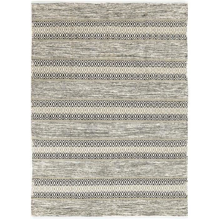 TERRA COTTON - 100% Cotton Living Room or Bedroom Rug with Ethnic Look with Crisscross Stripe 120 X 170 Cm White and SAND BROWN
