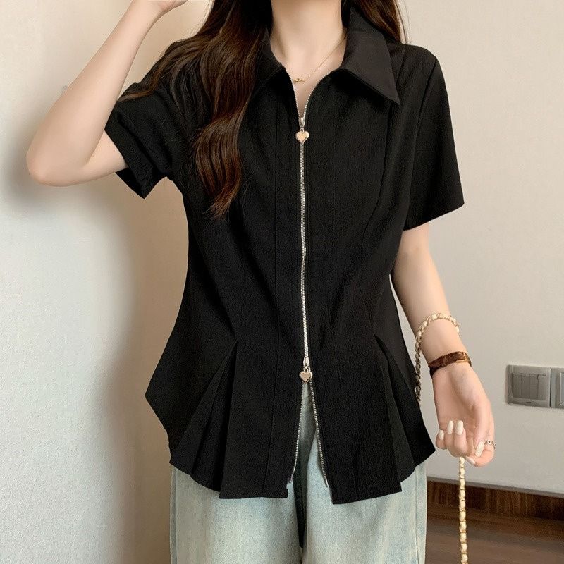 Корейский стиль Дизайн Поло Воротник Двойная Молния Белая Рубашка С Короткими Рукавами Летний Топ Для Женщин