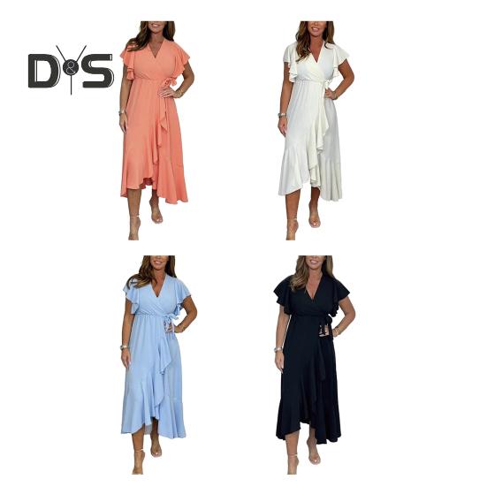 Женское летнее макси-платье с V-образным вырезом и коротким рукавом в виде листа лотоса, свободный сарафан, длинное пляжное платье с разрезом и поясом