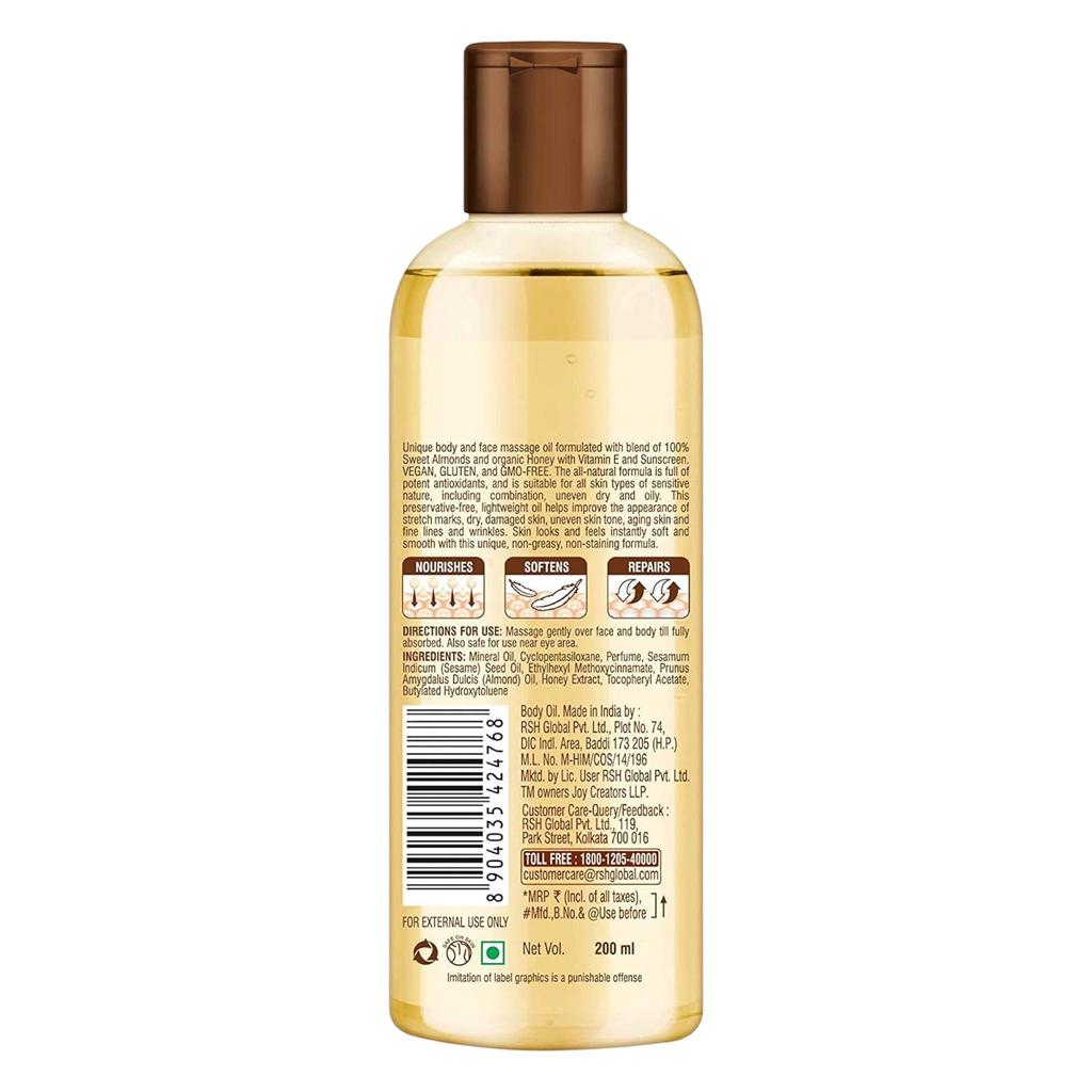 JOY Масло для тела Мед и Миндаль 200 мл Упаковка 1 шт. – Масло для ежедневного массажа для увлажнения всего тела и расслабления кожи летом