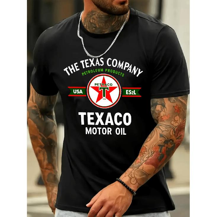 Men's vintage Texaco motor oil graphic tee, classic crew neck short sleeve cotton shirt with retro petroleum logo print for casual streetwear