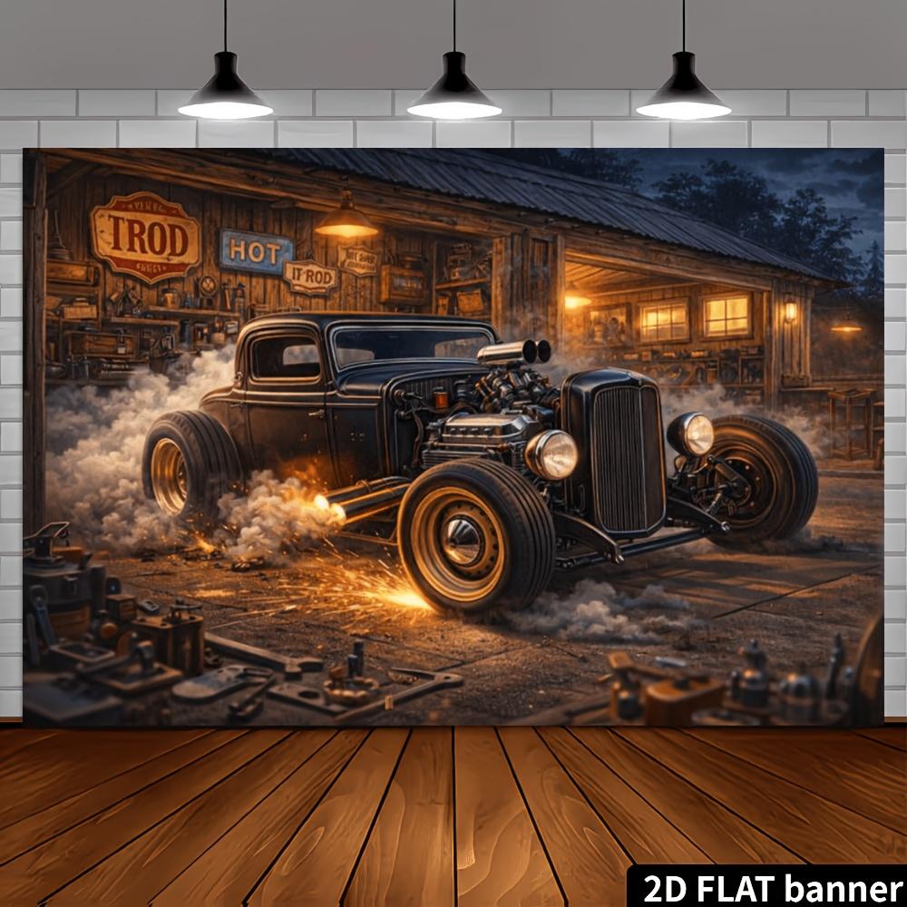2D plane, 1 piece of retro motorcycle-themed banner background fabric, suitable for home decoration and office decoration