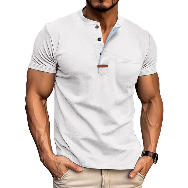 Summer Men's Henry Collar T-Shirts Solid Color Short Sleeve Tees Tops Men