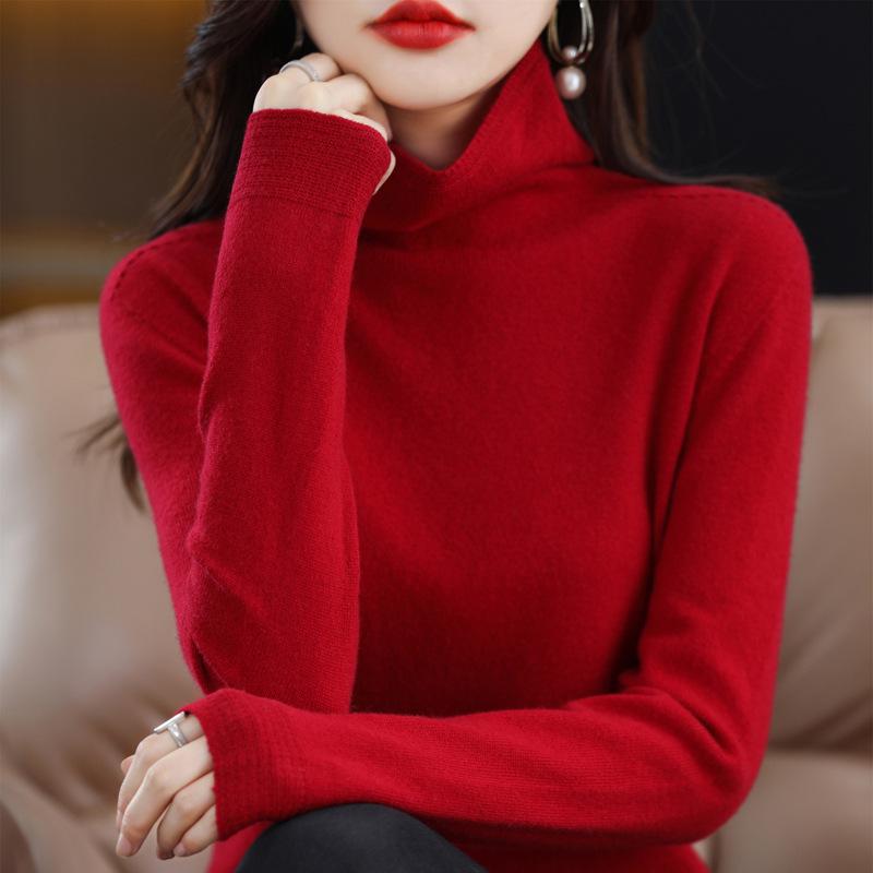 Женский свитер из чистой шерсти с высоким воротником - Однотонный, Темпераментный топ для осени/зимы
