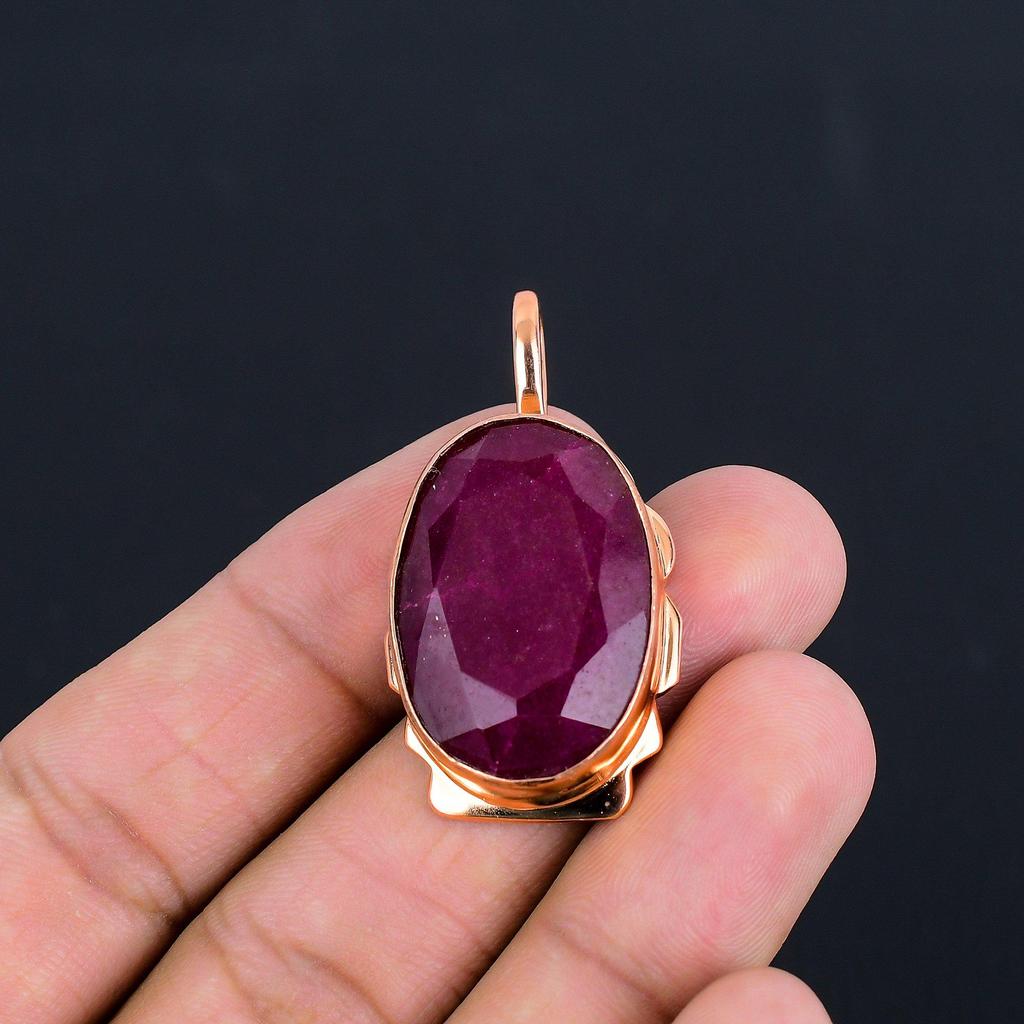 Ruby Lab-Created Gemstone Copper Jewelry Handmade Chain Pendant For Her