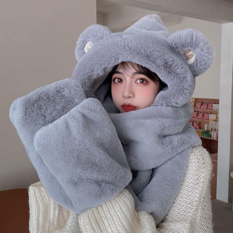 Bear Hat Scarf One-piece Female Cute All-match Winter Thickening Warm Plush One-piece Hat