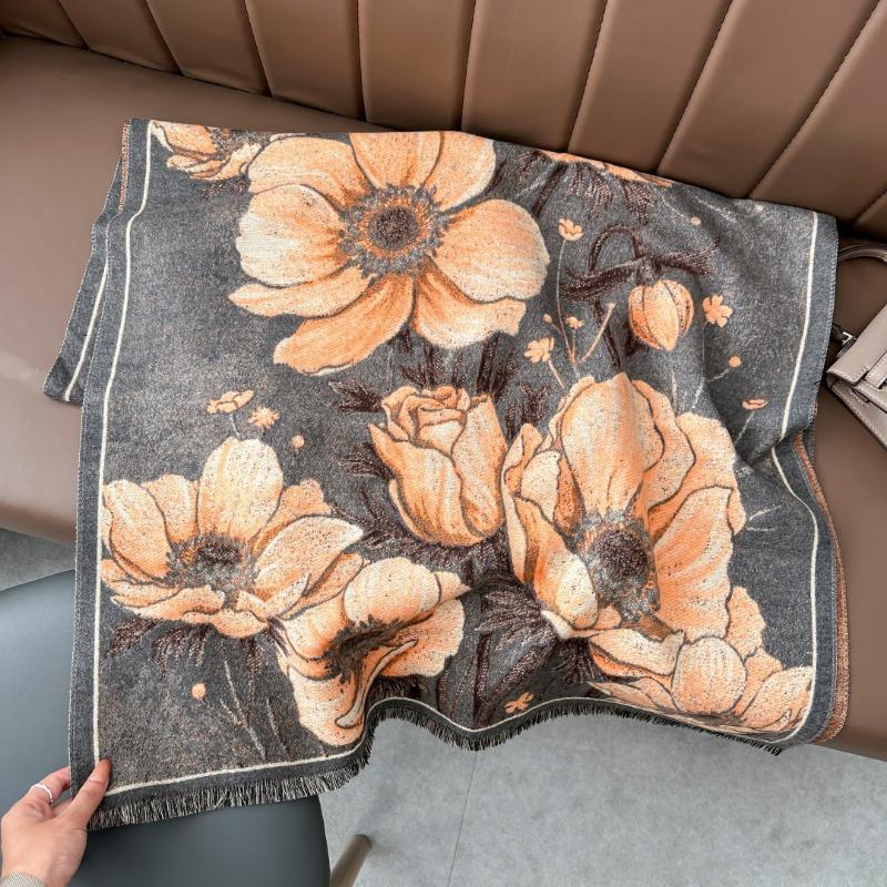 New Plant Flower Scarf Autumn and Winter Thickened Retro Oil Painting Scarf Women's Versatile Imitation Cashmere Shawl