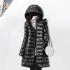 Winter Down Coat with Storage Bag Thickened Padded Plush Hood Mid Length Windproof Long Sleeves Windproof