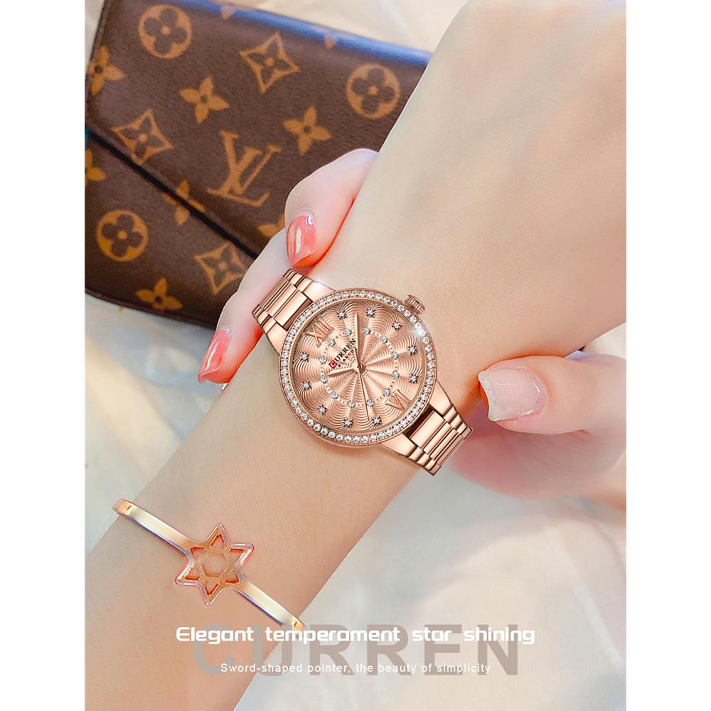 CURREN Кварцевые наручные часы для женщин, роскошные модные часы со стразами и розовым циферблатом, новинка с ремешком из нержавеющей стали