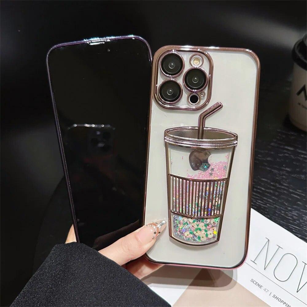 Electroplated Quicksand Liquid Phone Cases For iPhone 11 12 13 14 Pro Max Case Clear Milk Tea Cups Sequins Glitter Back Cover