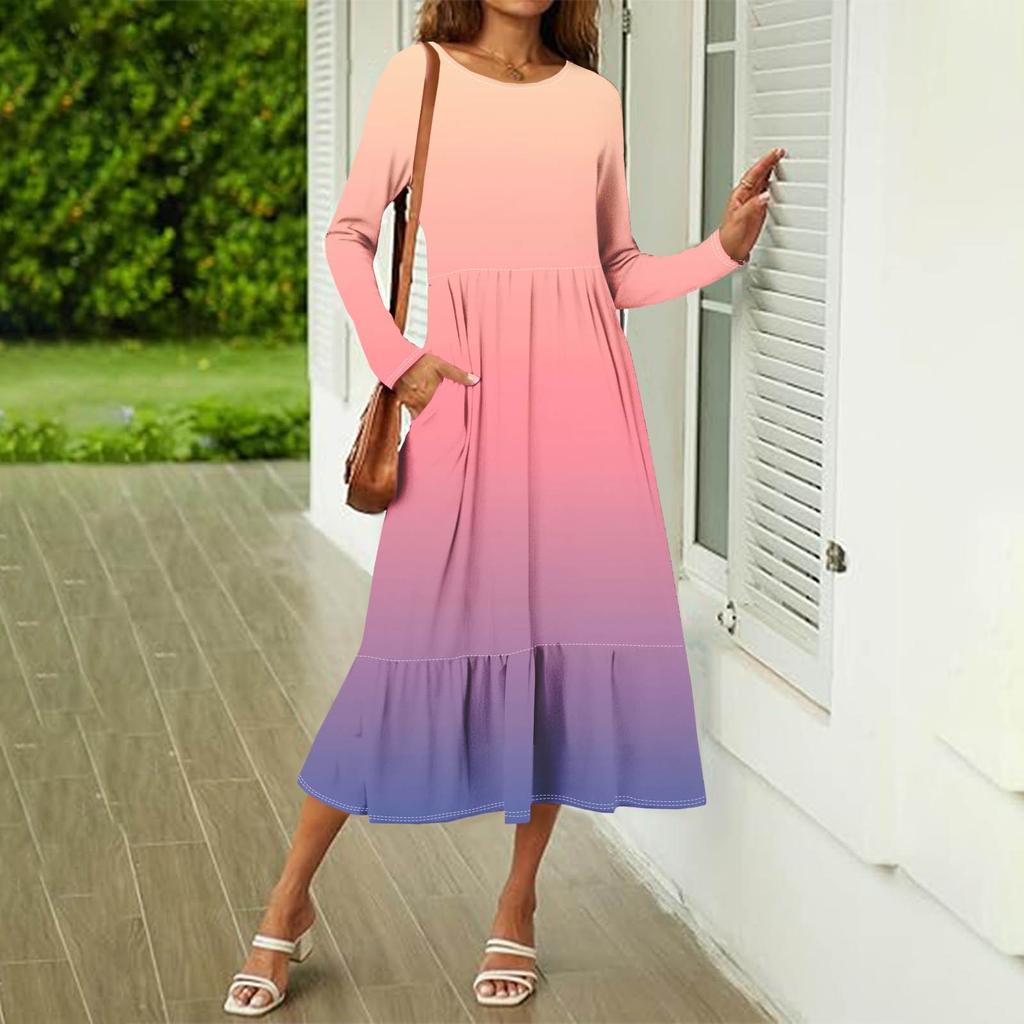 Women's Gradient Sequins Printed Casual Dress Spring Autumn Pocket Round Neck Long Sleeve Dresses