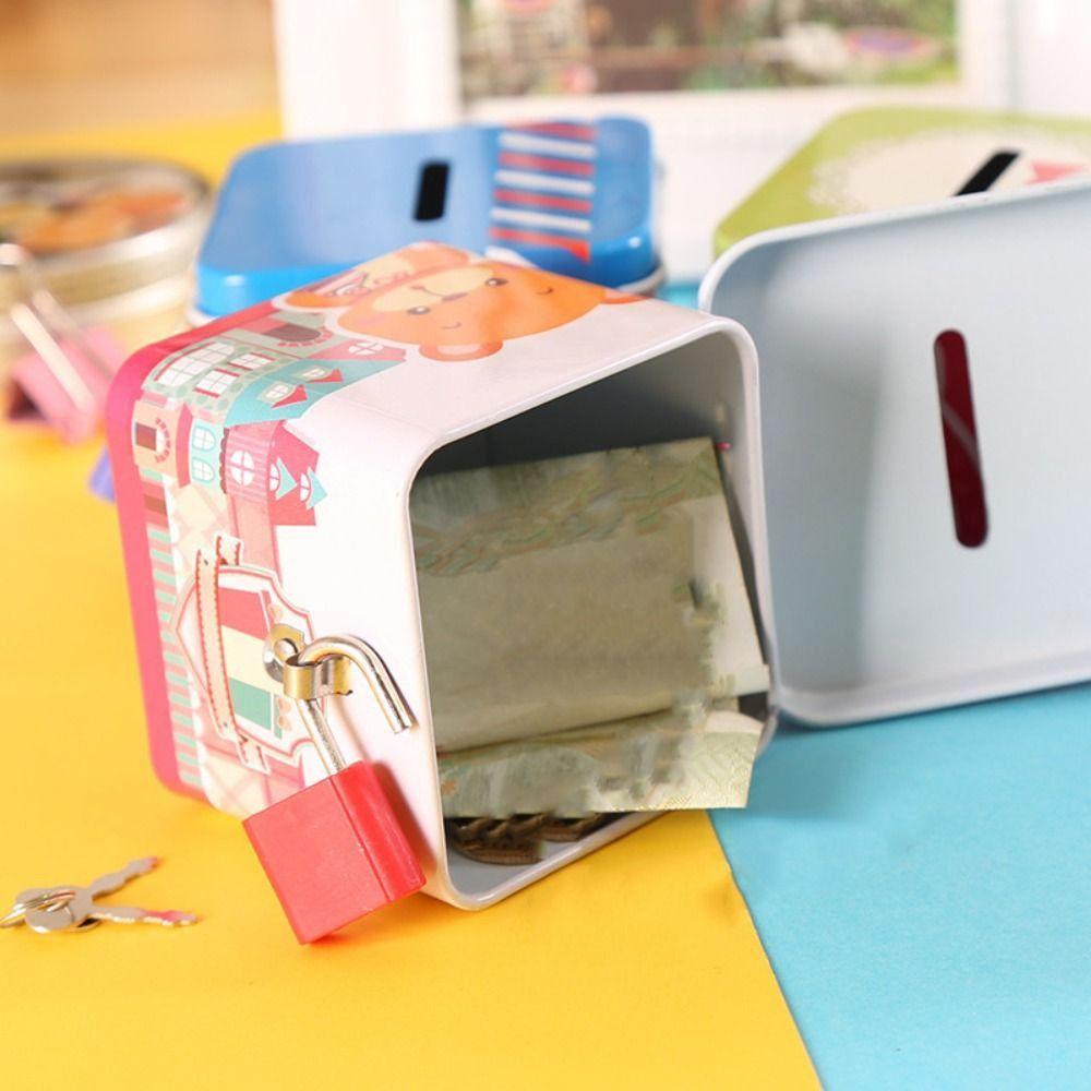 With Lock Square Change Jar Cute Metal Jewelry Box Simple Cartoon Piggy Bank Home Decor