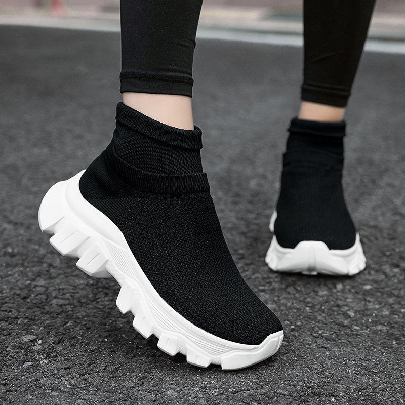 Autumn and Winter New Platform Socks Shoes Fly-woven Sports Short Boots Women's Boots Large Size One-pedal Socks Shoes Solid Color Casual Shoes