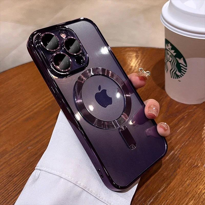 Luxury New Clear Lens Film Magnetic Case For IPhone 15 14 13 12 11 Pro Max Plus Plating Wireless Charging Shockproof Cover