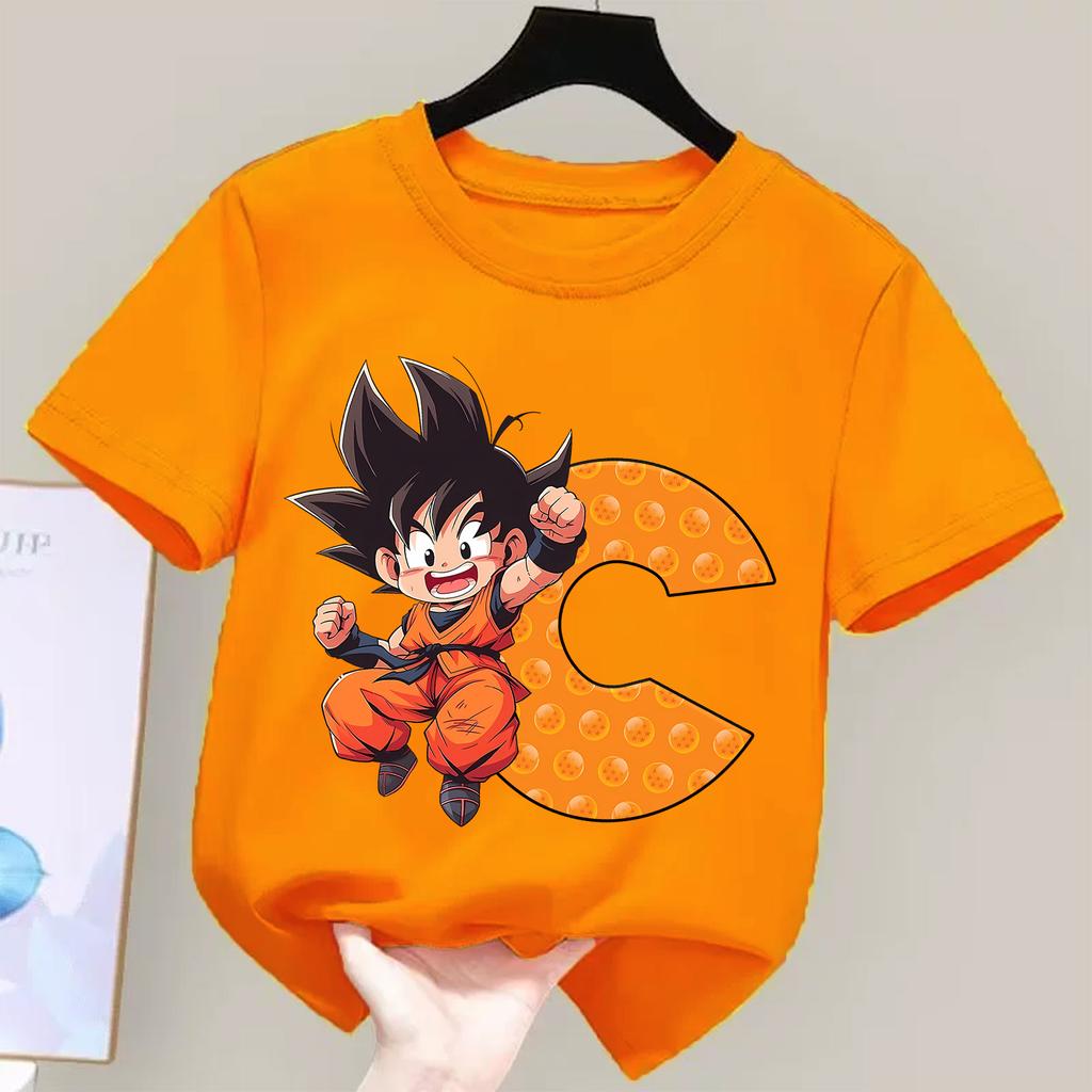 Детская футболка Dragon Ball Goku Мультяшная с буквами от A до Z Топ для мальчиков и девочек Оранжевая одежда Новая детская одежда с коротким рукавом Подарок