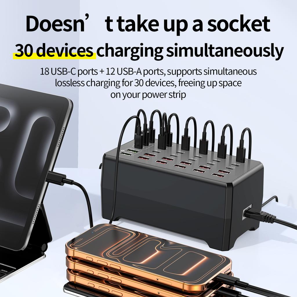 USB Charging Station 30 Port, 18 USB-C 12 USB-A Charger Hub, PD QC Fast Charging for Laptop Tablet