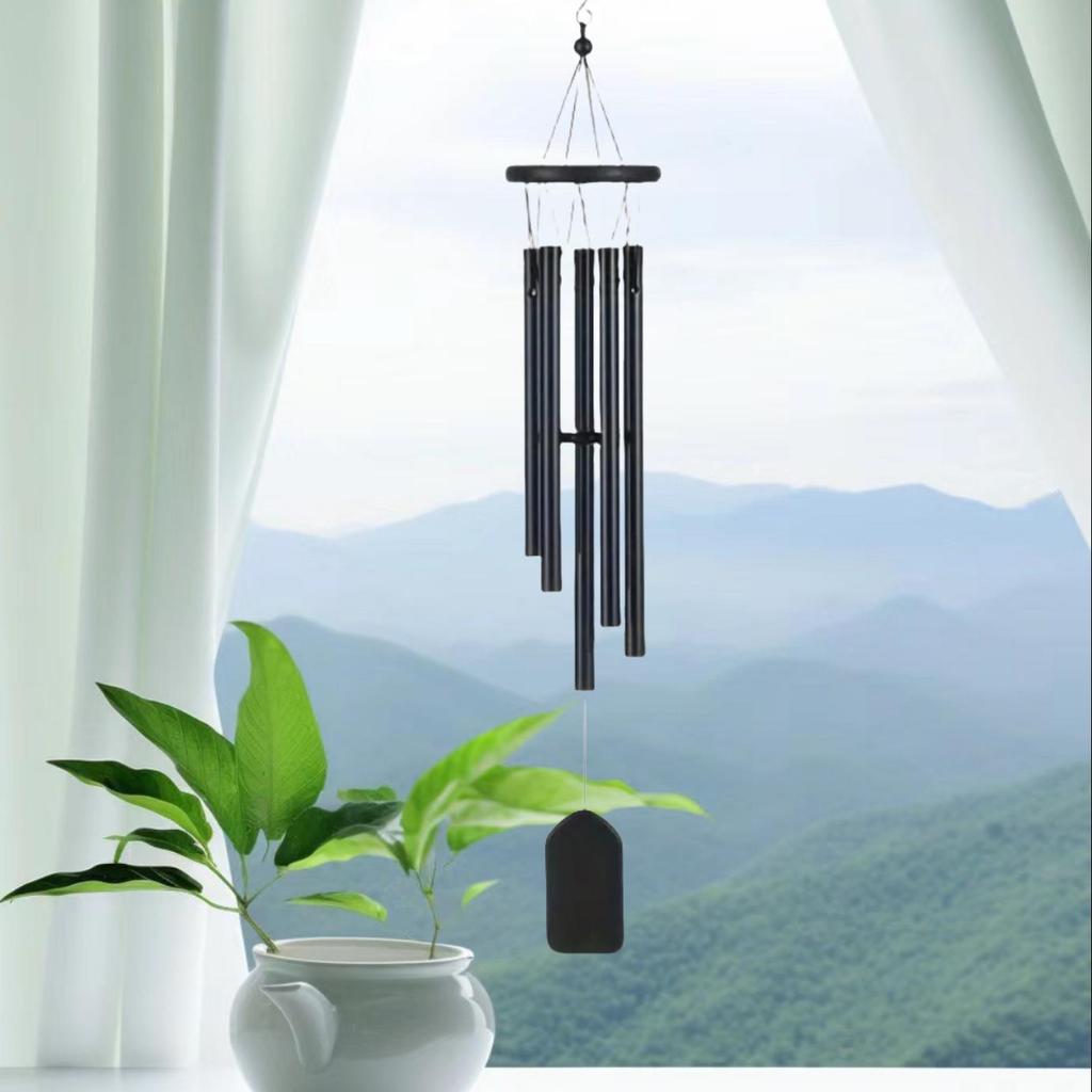 Black 6-Tube Rotating Wind Chime - 22" Solid Wood Outdoor Decorative Door Gift