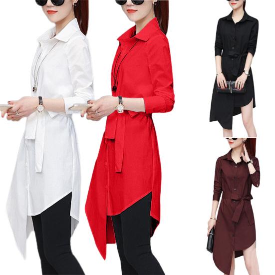 Women Shirt Long Sleeve All Match Loose Commute Mild-length Dressing Up Polyester Irregular Tied Belts Lady Shirt Female Clothing