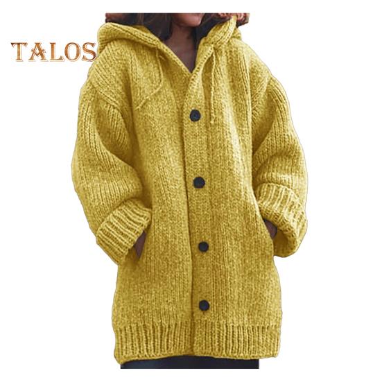 Женский свитер, пальто с капюшоном, завязками, длинными рукавами, однобортное вязаное пальто, однотонное, средней длины, вязаная верхняя одежда