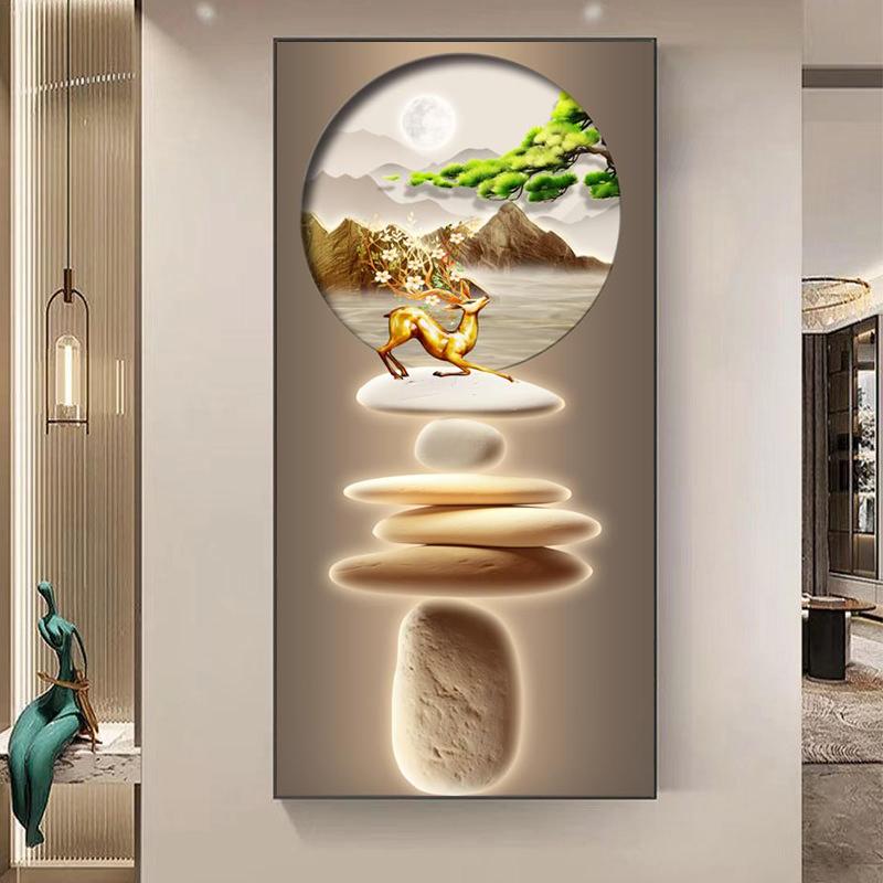 Китайский стиль Дзен-камень Золотой олень Картина на холсте Настенное искусство Богатые постеры с деревьями Фэншуй Настенное искусство для крыльца Декор стены Без рамки