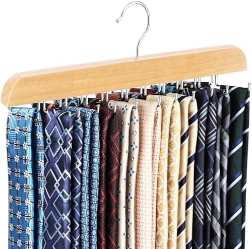 RESOVO Tie Hanger: 20 Foldable Metal Hooks High-Capacity Wooden Organizer for Ties and Belts - Red Closet Storage