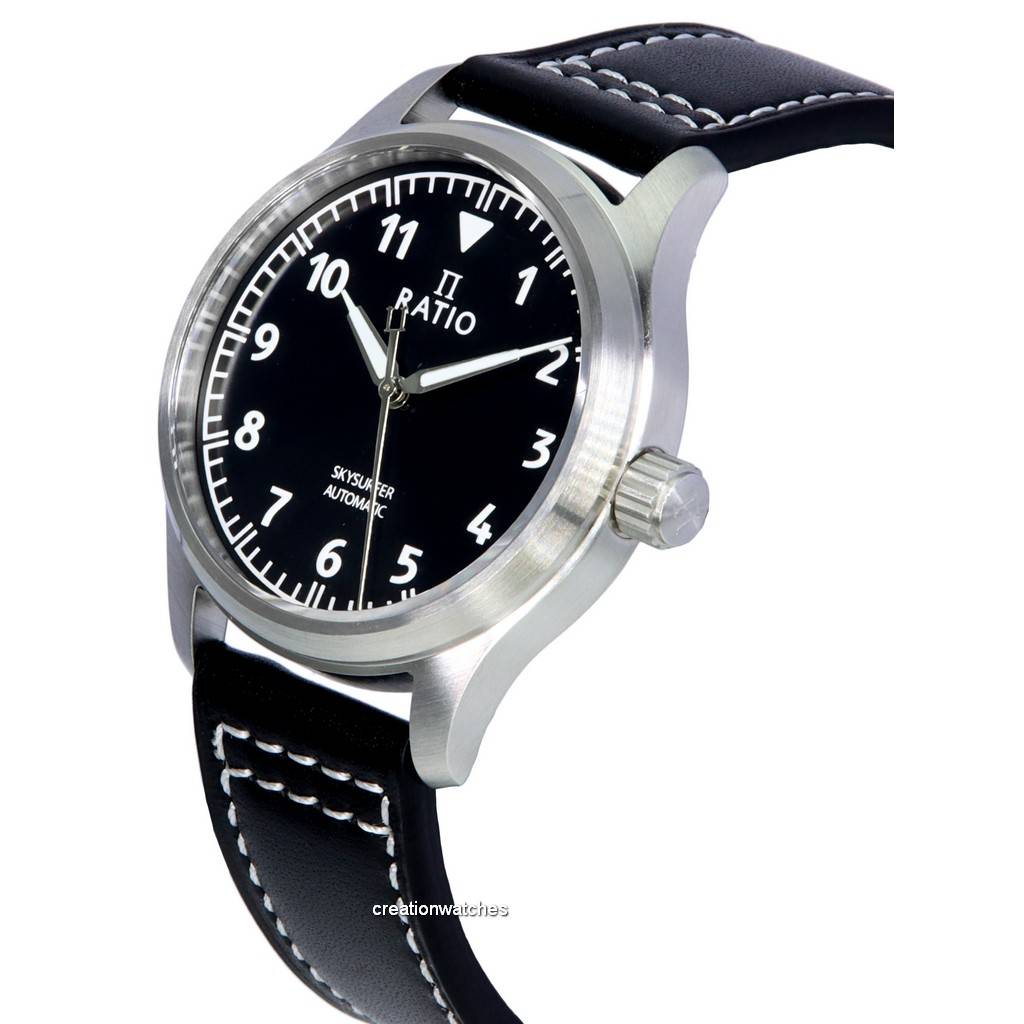 Ratio Skysurfer Pilot Black Sunray Dial Leather Automatic RTS305 200M Мужские часы